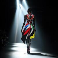 Model showcases vibrant dress with bold patterns on runway during evening fashion event photo