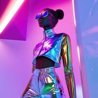 Fashion model showcasing vibrant holographic outfit under neon lights in urban setting photo