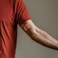 Bandage on arm after receiving vaccination in a healthcare setting during daylight photo