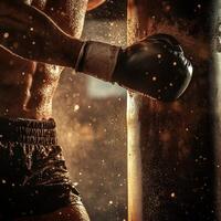 Boxer practices punches on a heavy bag in a gym, focusing on technique and intensity in the early morning hours photo