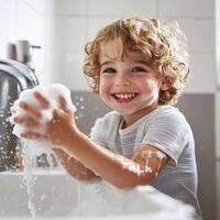 Young child enjoys washing hands with soap and water in a bright bathroom setting photo