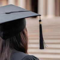 Graduation ceremony showcasing proud student wearing cap and gown at historic university campus photo