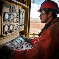 Skilled worker operates industrial control panel in remote location during daylight hours photo