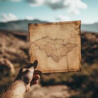 Exploring an ancient map in a desert landscape under a clear blue sky photo