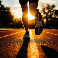 Runner completes a training session on a track during sunset, highlighting determination and focus photo