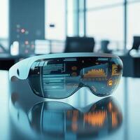 Advanced smart glasses display data analytics in a modern office setting with digital interfaces photo