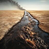 Environmental devastation from oil spill in a barren landscape with smoke on the horizon photo