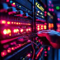 Hand connecting cables to server rack with illuminated lights in a dimly lit data center photo