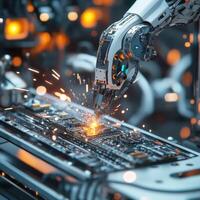 Robot arm performing precision tasks on a circuit board in an advanced manufacturing facility photo