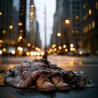 Homeless person resting on a city street under warm lights in the early evening hours photo