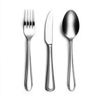 Cutlery set featuring a fork, knife, and spoon on a white background for dining and table settings photo