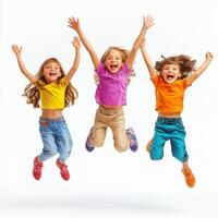 Three children joyfully jumping in a studio photo
