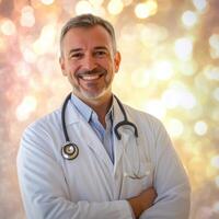 Smiling doctor in white coat with stethoscope on bright background showing confidence and professionalism photo