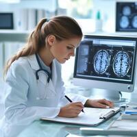 Medical professional analyzes brain scans and records notes in a clinical setting during working hours photo