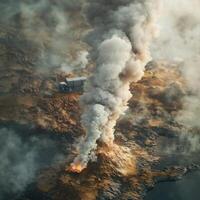 Volcanic eruption releasing thick smoke and ash over a rugged landscape in a remote location photo