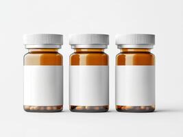 Clear glass jars filled with capsules sit on a white background for potential medicinal or dietary use photo