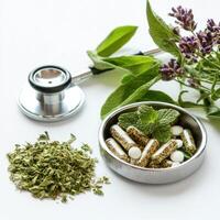 Herbal supplements and fresh herbs arranged with medical instruments on a white surface for natural health solutions photo
