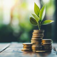 Growing investments and savings with coins and a plant symbolizing financial growth and sustainability in a serene setting photo