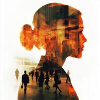 Cityscape silhouette reflecting urban life with a woman in profile at sunset photo