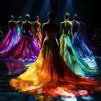 Fashion models showcase vibrant gowns under dramatic stage lighting during a runway event photo