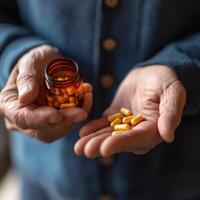 Elderly person holding supplement capsules in hands with a bottle in the other hand during a wellness routine photo