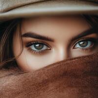 Woman with piercing green eyes partially covered by a brown scarf in a serene outdoor setting during golden hour photo