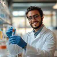 Scientist conducts experiments in modern laboratory while smiling and showcasing test tube filled with red liquid photo