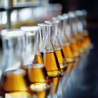 Laboratory setup with multiple glass flasks containing yellow liquid for scientific experiments and analysis photo