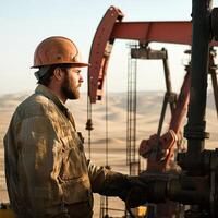 Worker operates machinery at oil drilling site during sunset in a desert landscape photo