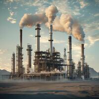Industrial complex emits smoke during golden hour in arid landscape with mountains in the background photo