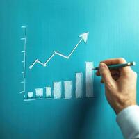 Hand drawing a chart with increasing trends on a blue background using a pencil during a business presentation photo