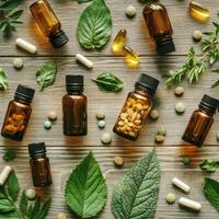 Natural remedies and herbal supplements arranged on wooden surface with green leaves and capsules photo