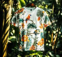 Colorful tropical shirt with parrot design displayed in lush green environment during daylight hours photo