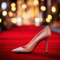 Elegant high heel positioned on a red carpet amidst blurred lights at a glamorous event photo