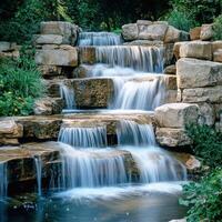 Flowing water cascades gracefully over natural stone steps in a serene setting surrounded by lush greenery photo
