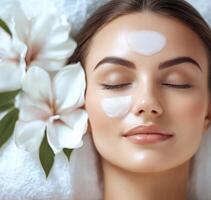 Skincare treatment with facial mask in a serene spa setting surrounded by flowers photo