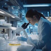 Scientist examines samples under microscope in a modern laboratory setting during evening hours photo
