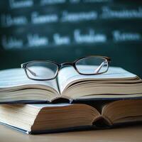 Glasses resting on open books in a classroom setting with chalkboard in the background photo