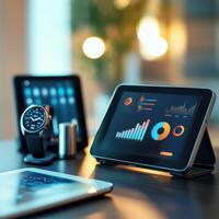 Modern workspace with digital devices showcasing data visualization at sunset photo