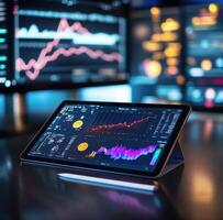 Analysis of financial data on a tablet in a modern workspace during evening hours photo