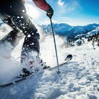 Skiing adventure on a sunny mountain slope with snow-covered peaks in the background photo