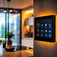 Smart home control panel displaying various functions and settings in a modern kitchen during the evening photo