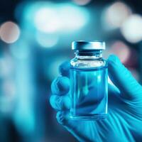 Glass vial containing blue liquid is held in a gloved hand amidst a blurred clinical environment photo