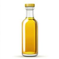 Clear glass bottle with yellow liquid suitable for culinary or cosmetic use placed prominently on a light background photo