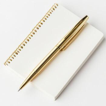 Elegant gold pen rests on a spiral notepad with blank pages, showcasing a classic writing setup for thoughts and ideas photo