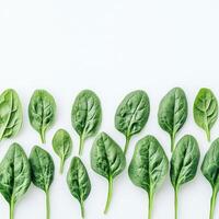 Fresh spinach leaves lined up in varying sizes on a light background for healthy eating and cooking ideas photo