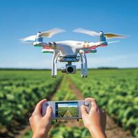 Drone captures aerial view of a lush vineyard while operator monitors from a handheld device in bright daylight photo