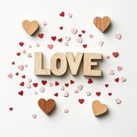 Creative arrangement of wooden love letters surrounded by colorful heart shapes on a light background photo