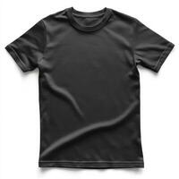 Simple black t-shirt displayed on a plain background showcasing its smooth texture and design features photo