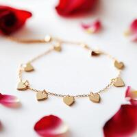 Gold heart charm bracelet surrounded by rose petals on a soft background appealing for special occasions and gifts photo
